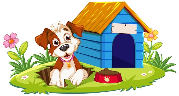 Vecteur un chien enjoué avec une cabane pour chiens