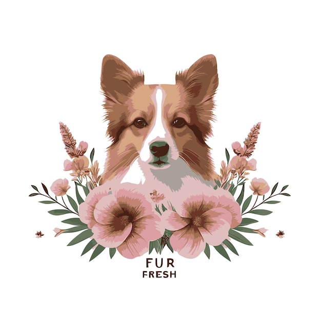 Vecteur un chien avec des fleurs et les mots chien de fourrure dessus