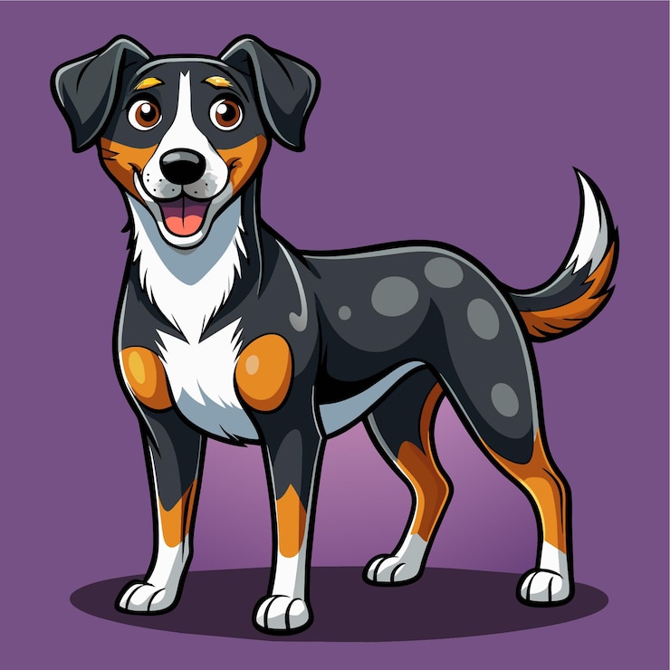 Vecteur un chien avec un fond violet qui a des taches noires et blanches sur son visage