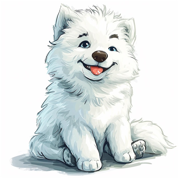 Vecteur chien husky blanc avec une longue queue assis dans le style d'illustrations très détaillées