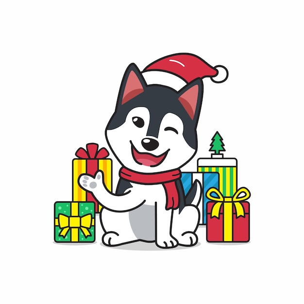 Chien Husky Sibérien De Personnage De Dessin Animé Avec Des Cadeaux