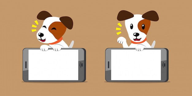 Vecteur chien jack russell terrier de dessin animé et smartphones