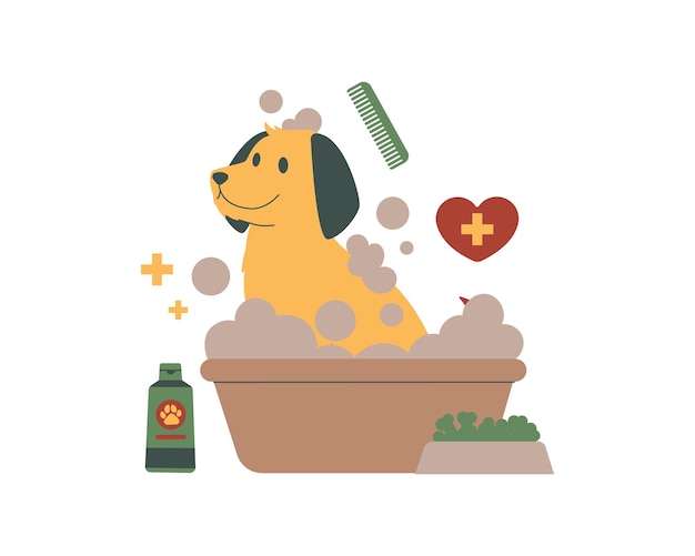 Vecteur chien mignon prenant un bain dans la salle de bain illustration vectorielle de style plat pour le concept d'accueil d'animaux