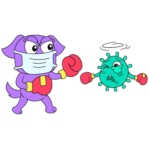 Chien Portant Des Gants De Boxe Luttant Contre Le Virus Covid, Art D'illustration Vectorielle. Doodle Icône Image Kawaii.