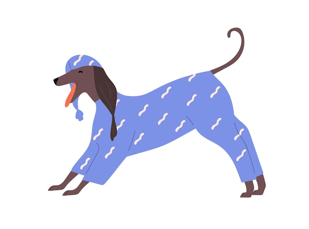 Vecteur chien en pyjama et bonnet de nuit. levrette vêtue de bâillements et d'étirements. mignon animal de compagnie drôle portant un bonnet de nuit et des vêtements de nuit. animal canin en vêtements de nuit. illustration vectorielle plane isolée sur fond blanc