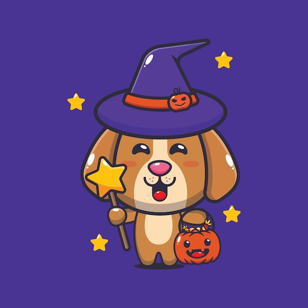 Chien de sorcière mignon le jour de l'halloween. Illustration de dessin animé mignon halloween.