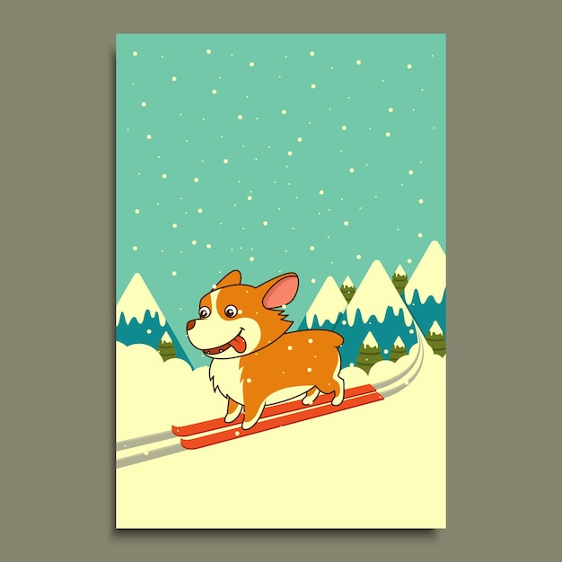 Chien De Vecteur Ski Sur Fond De Montagnes D'hiver. Chien Corgi Gallois Skiant Dans Les Montagnes. Affiche, Calendrier, Flyer, Carte Postale De Voeux, Vacances, Célébration, Fête, Décoration De Pharmacie D'abri D'animalerie.