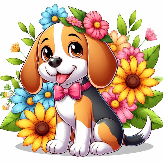 Les Chiens Beagle Mignons Et L'illustration De Dessin Animé De Flower Vector