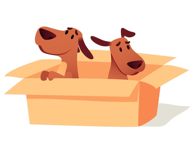 Vecteur chiens dans une boîte en carton en attente de propriétaire, illustration d'adoption. chiots mignons sans-abri à la recherche d'une nouvelle maison