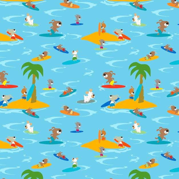 Chiens drôles sur un surf planches seamless pattern vector design