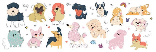 Chiens Mignons Doodle Personnages D'animaux à La Mode Pour Enfants Collection De Dessins Animés De Personnages De Chiens Ou De Chiots