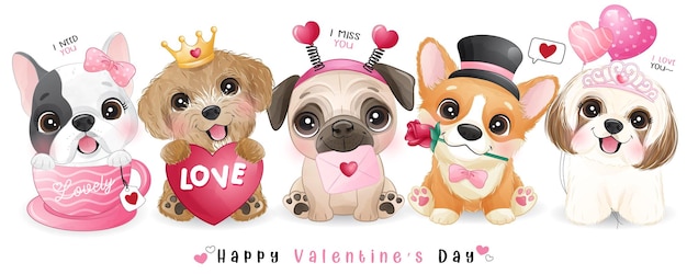 Chiens mignons de griffonnage pour la collection de la saint valentin