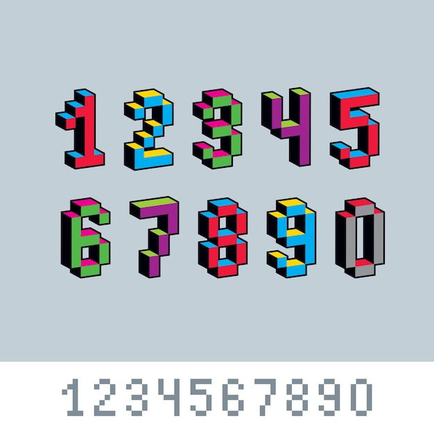 Chiffres vectoriels, chiffres créés dans un style 8 bits. Ensemble de nombres d'art de pixel, éléments de conception de mathématiques 3d.