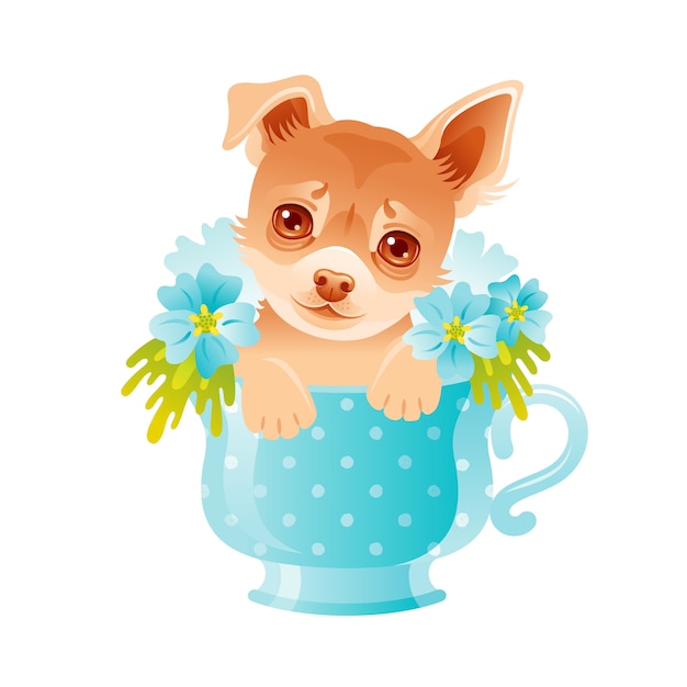 Chihuahua Puppy. Chien Mignon En Coupe De Fleurs. Illustration. Dessin Animé Visage Animal Dessin. Drôle Bel Animal De Compagnie En Fleurs Bleues.