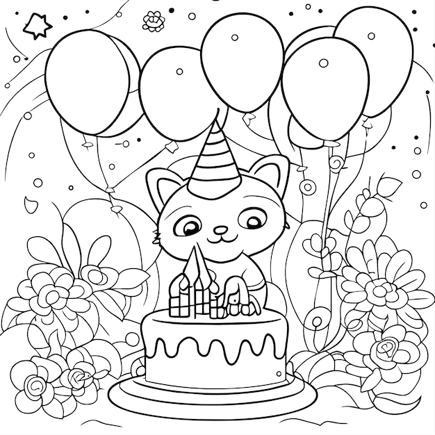 Vecteur children_book_birthday_coloring_page_illustration_with_cute_animal_subject