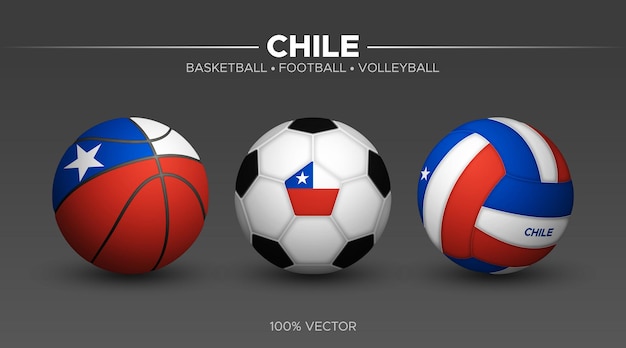 Chili drapeau basket-ball football volley-ball balles maquette 3d vecteur sport illustration isolé