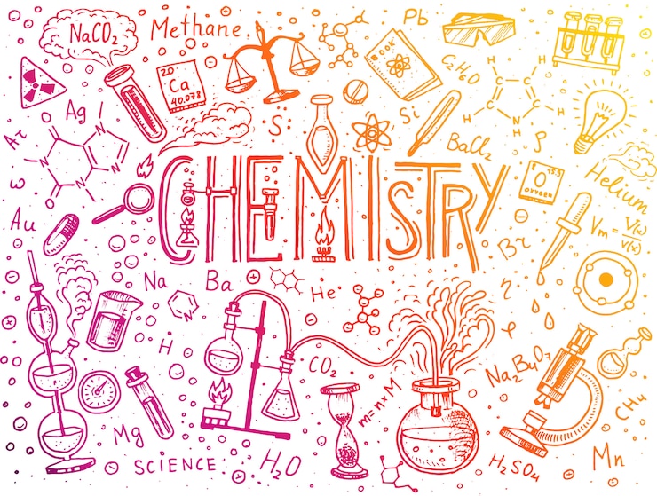 Vecteur chimie du jeu d'icônes. tableau noir avec éléments, formules, atome, tube à essai et équipement de laboratoire. recherche en espace de travail et réactions en laboratoire. science, éducation, médical. gravé à la main.