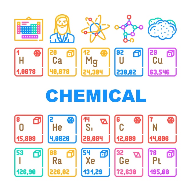 Vecteur chimie science chimique icônes définies vecteur technologie de laboratoire élément scientifique éducation atome recherche médicale molécule chimie science chimique ligne de couleur illustrations