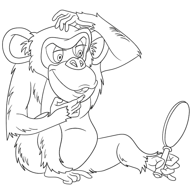 Chimpanzé Drôle Avec Verre à Main. Page De Livre De Coloriage De Dessin Animé Pour Les Enfants.