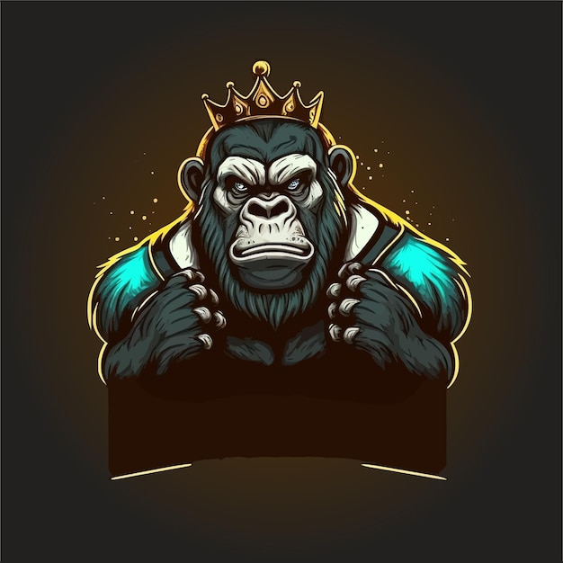 Vecteur chimpanzé portant une illustration de couronne, conceptions de mascotte esports, modèle de logo de jeu,