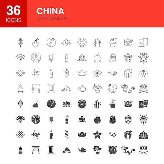 China Line Web Glyph Icons Illustration Vectorielle Du Contour Du Nouvel An Chinois Et Des Symboles Solides