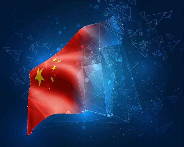 Chine, drapeau, objet 3D abstrait virtuel de polygones triangulaires sur fond bleu