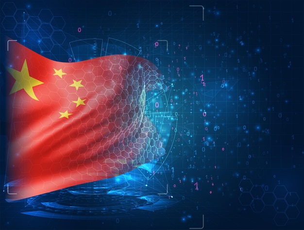 Chine, Vecteur Drapeau 3d Sur Fond Bleu Avec Interfaces Hud