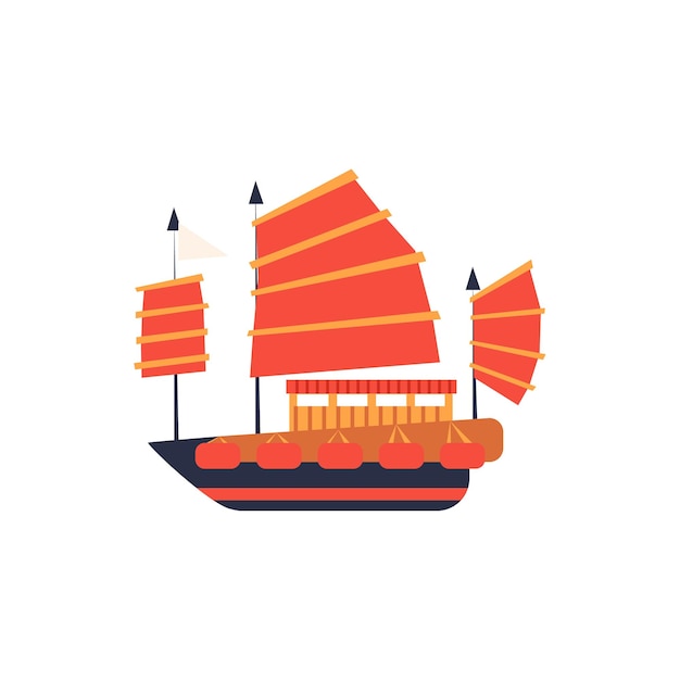 Chines Junk Boat Avec Icône Simplifiée De Voile Rouge