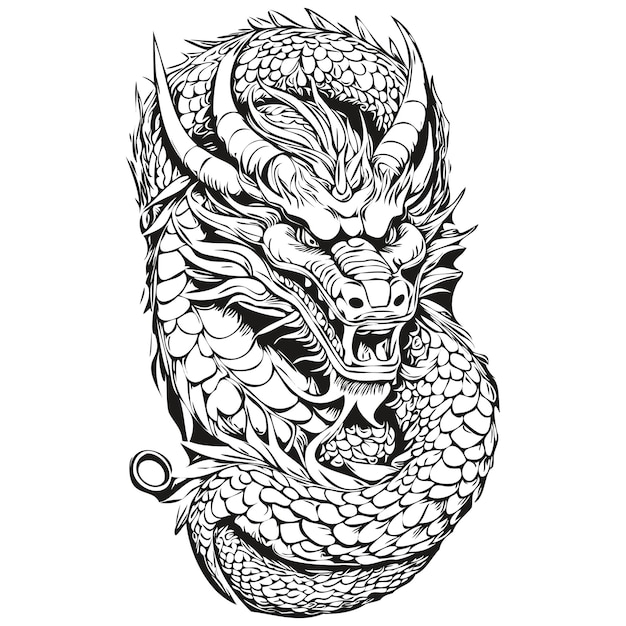 Chinois Dragon Année 2024 Sketch Silhouette Dessin Noir Blanc Isolé Enceinte Vectorielle Contours Modèle Pour Carte De Vœux Affiche Logo D'invitation