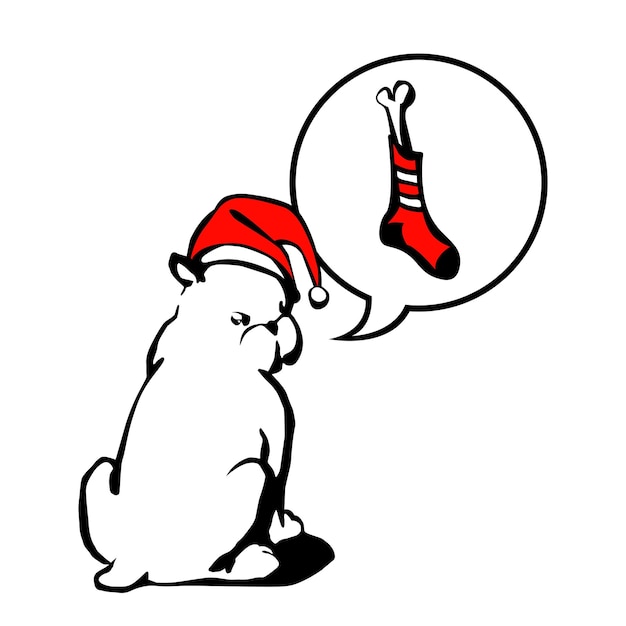 Un chiot bouledogue dans un bonnet de Noel veut un cadeau. A l'encre noire.