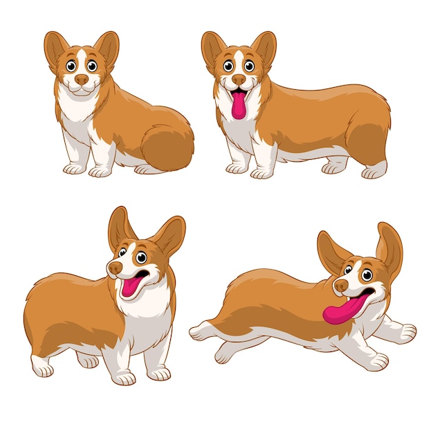 Chiot Corgi De Dessin Animé Dans Diverses Poses