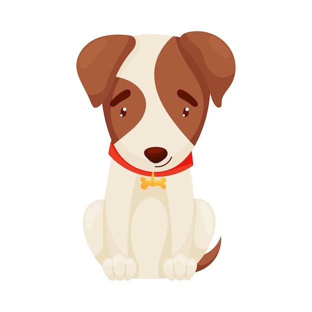 Chiot Mignon Avec Un Collier Rouge Et Un Pendentif En Forme D'os Doré Se Trouve Illustration Vectorielle Sur Fond Blanc