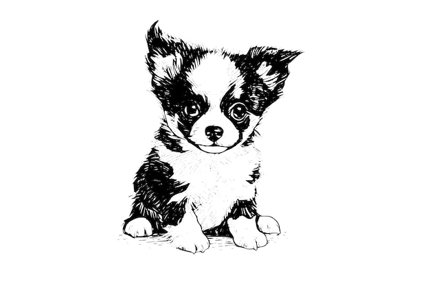 Vecteur chiot mignon croquis à l'encre dessinés à la main chien en illustration vectorielle de style gravure
