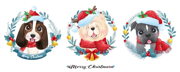 Chiot Mignon Doodle Pour Noël Avec Illustration Aquarelle