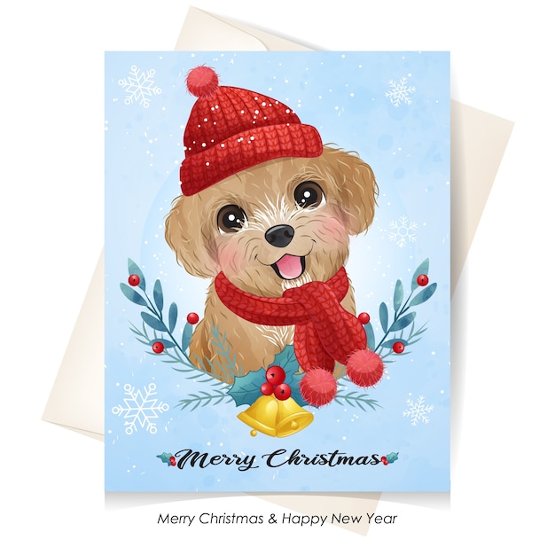 Chiot Mignon Pour Noël Avec Illustration Aquarelle