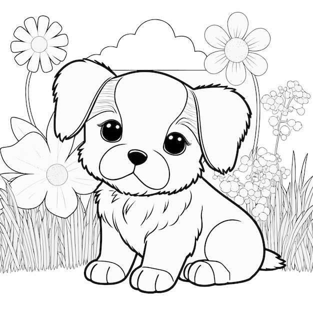 Un Chiot Noir Et Blanc Est Assis Dans Un Champ De Fleurs.