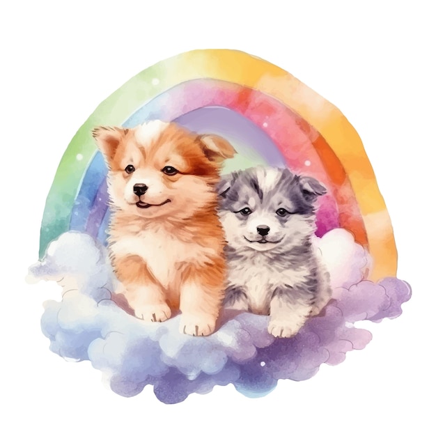 chiots sur illustration aquarelle nuage