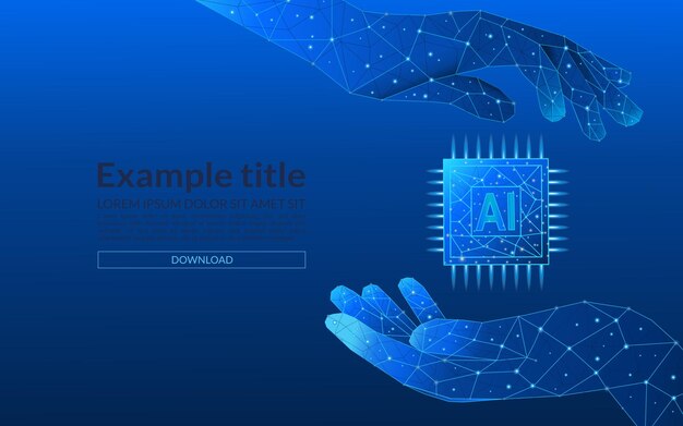 Chips d'intelligence artificielle numériques abstraits entre palmiers à fil de technologie basse poly Intelligence artificielle
