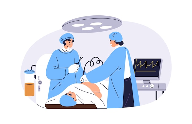 Chirurgie de liposuccion élimination de la graisse remodelage du corps procédure de lipo pour la perte de poids correction esthétique Chirurgiens effectuant une opération en clinique Illustration vectorielle plate isolée sur fond blanc