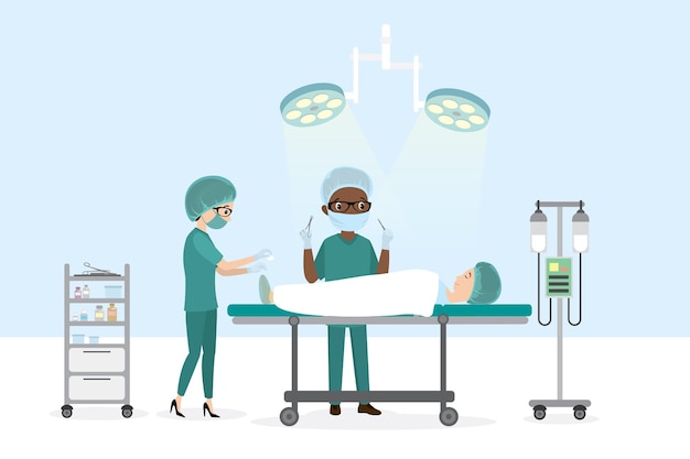 Chirurgien afro-américain homme chirurgien et infirmière patient est allongé sur un lit d'hôpital
