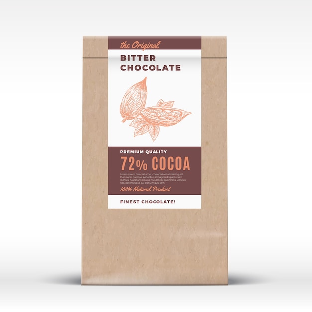 Le chocolat amer original. Étiquette de produit de sac de papier de métier.