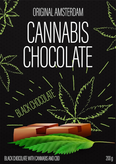 Vecteur chocolat au cannabis, conception d'emballage noir avec barre de chocolat au cannabis et feuilles de marijuana dans un style doodle sur fond.