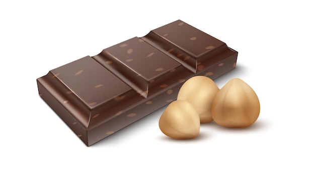 Chocolat aux noix Pièce réaliste de dessert au cacao et noisettes décortiquées Collation sucrée Ingrédients naturels Modèle de publicité pour les produits alimentaires Maquette de logo de confiserie Bonbons aux noisettes vectorielles