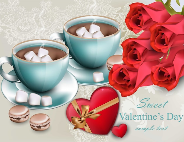 Vecteur chocolat chaud avec des fleurs de roses rouges vector. cartes de saint-valentin
