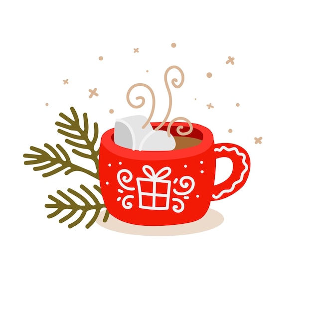 Chocolat chaud de Noël avec des guimauves dans une tasse rouge de vacances
