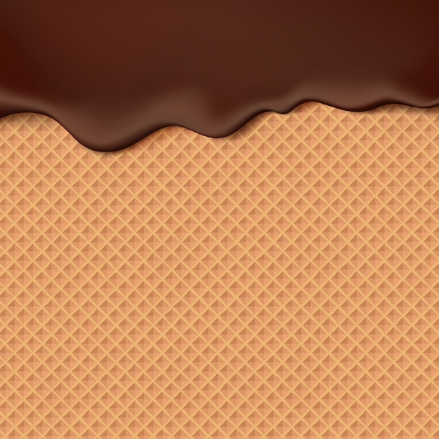 Vecteur chocolat qui coule sur la texture de la gaufrette résumé de fond de nourriture sucrée. faire fondre le choco sur le modèle sans couture de gaufre.