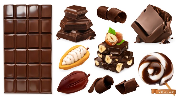 Vecteur chocolat réaliste. tablette de chocolat, bonbons, morceaux, copeaux, fèves de cacao et noisettes.