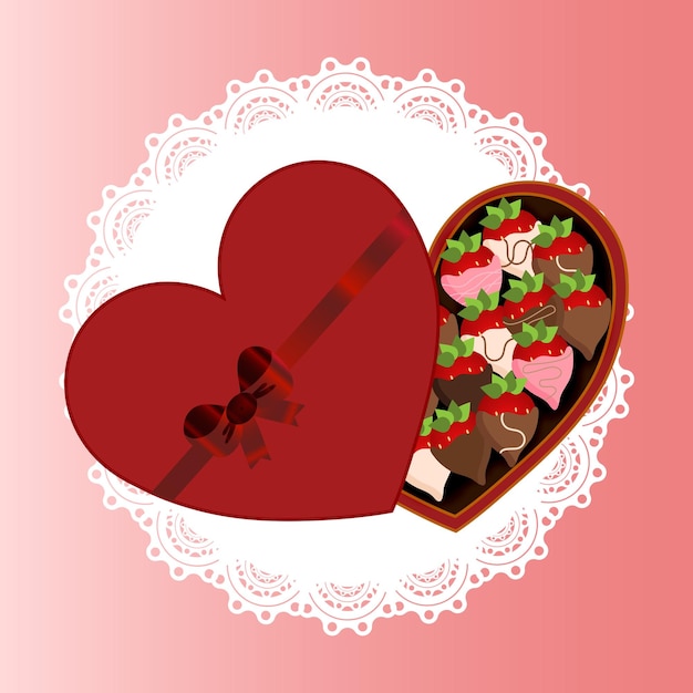 Vecteur des chocolats aux fraises de la saint-valentin dans une boîte avec un ruban rouge et de la dentelle