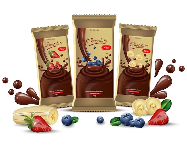 Les Chocolats Réalistes De Vecteur Simulent. Conception D'étiquettes D'emballage De Produits. Myrtille, Fraise