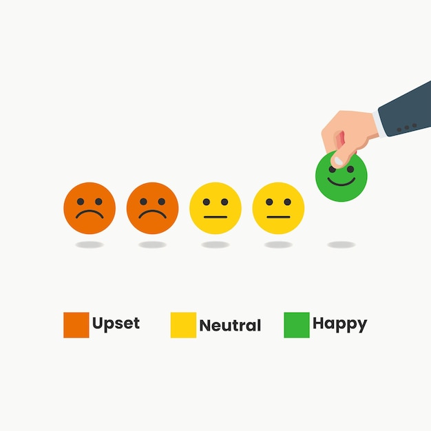 Choisissez à la main une émoticône de sourire Illustration de l'expérience de notation client heureux ou satisfait